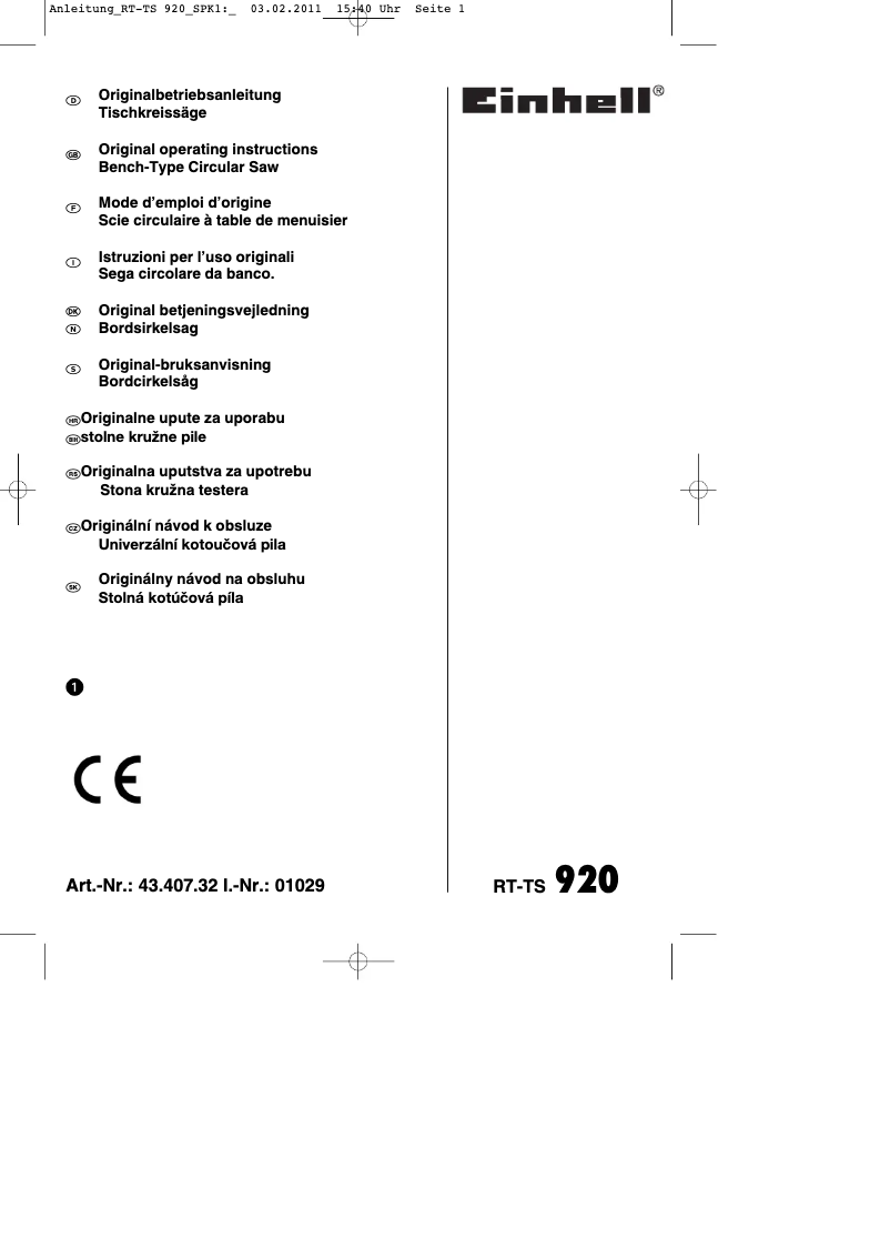 Page n°1 - Mode d'emploi Einhell RT-TS 920