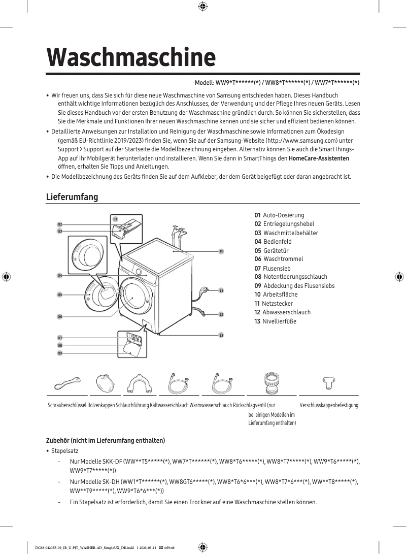 Page 1 de la notice Manuel utilisateur Samsung WW81T634ALEA