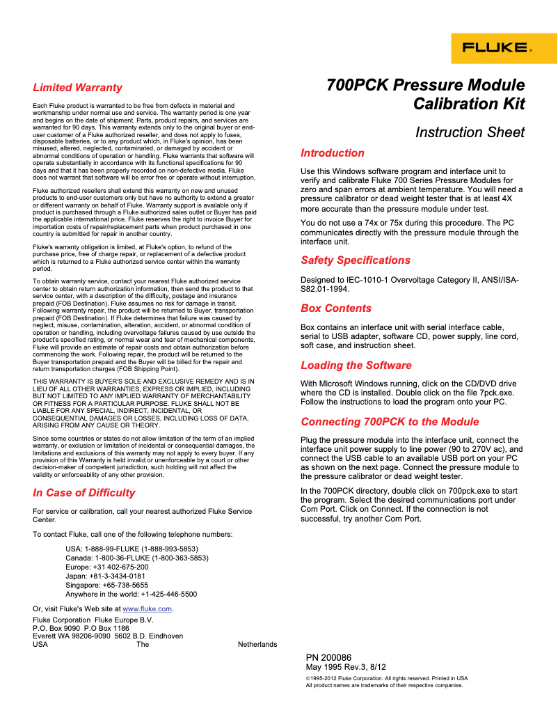 Page n°1 - Manuel utilisateur Fluke 700PCK