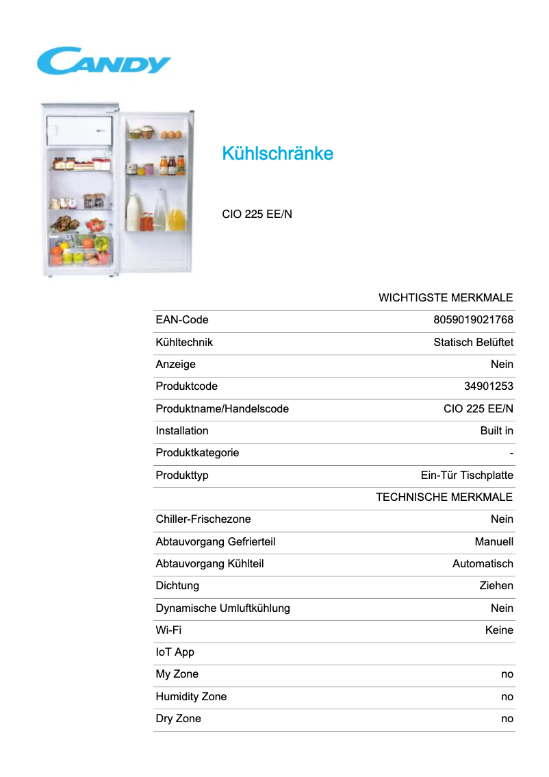 Page 1 de la notice Fiche technique Candy CIO 225 EE