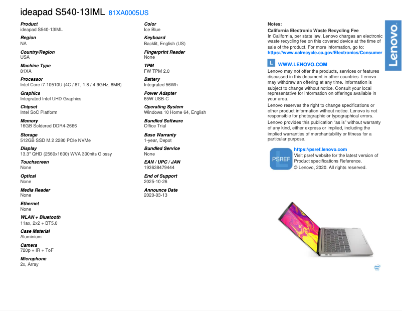 Page 1 de la notice Brochure Lenovo IdeaPad S540