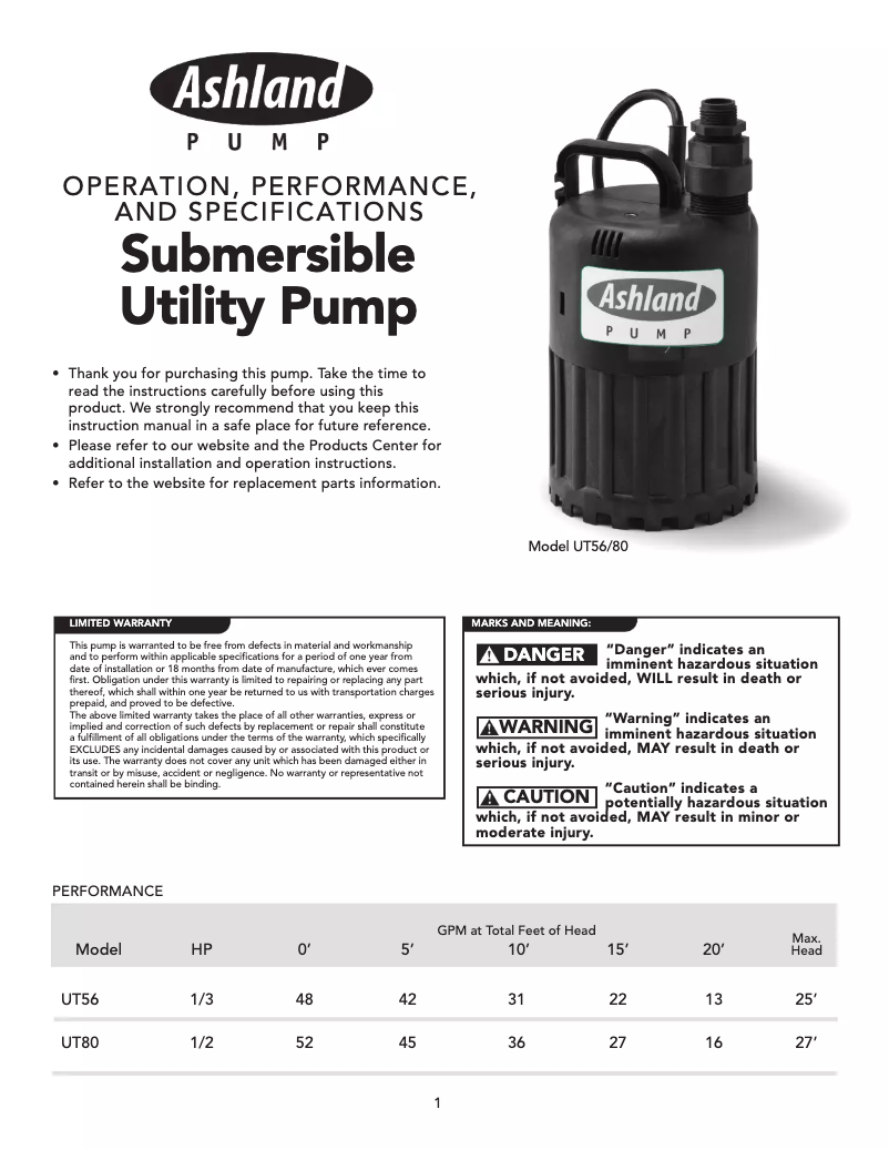 Page 1 de la notice Manuel utilisateur Ashland UT56
