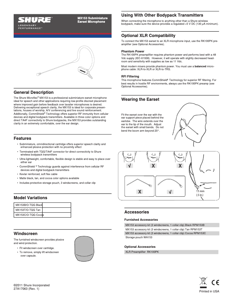 Page n°1 - Manuel utilisateur Shure MX153