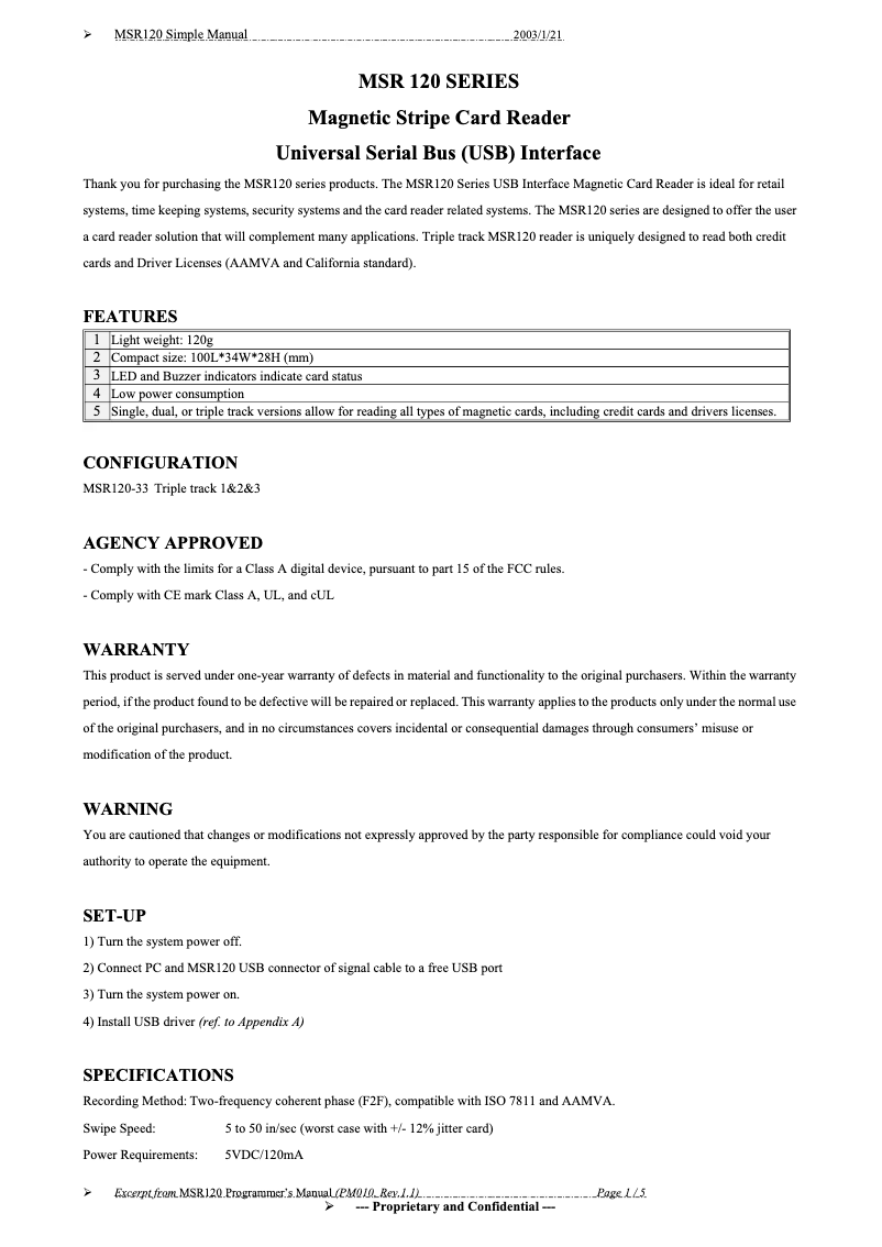 Page n°1 - Manuel utilisateur Unitech MSR 120