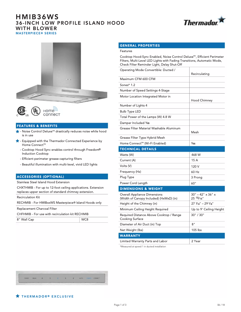 Page 1 de la notice Fiche technique Thermador HMIB36WS