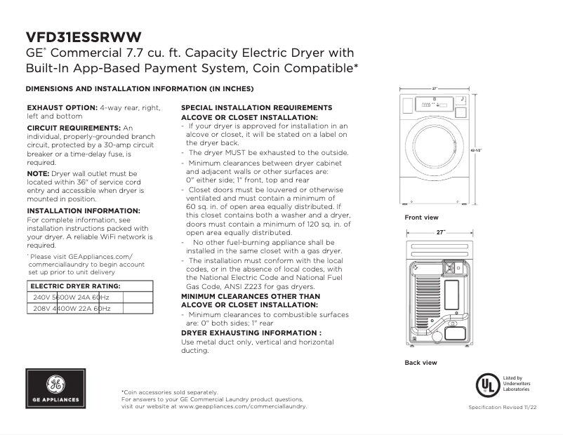 Page 1 de la notice Fiche technique GE VFD31ESSRWW