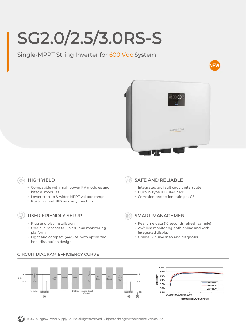 Page 1 de la notice Fiche technique Sungrow SG2.0RS-S