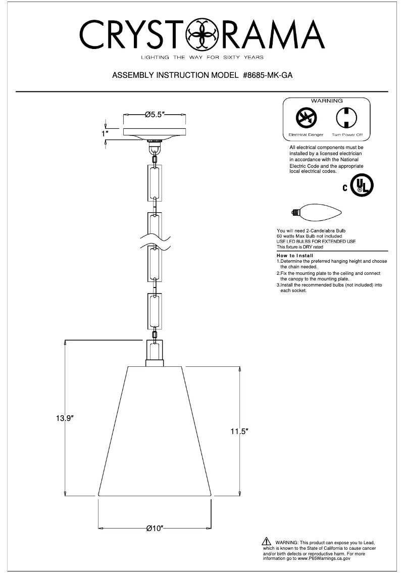 Page 1 de la notice Manuel utilisateur Crystorama Alston 8685-MK-GA