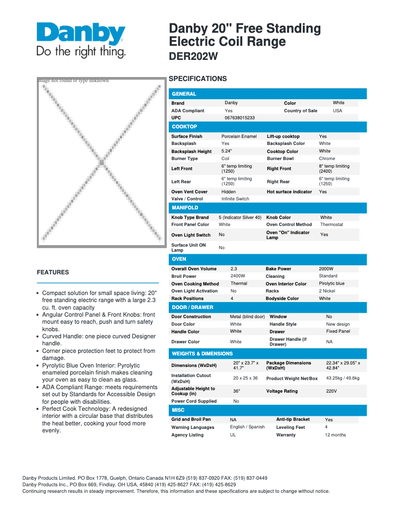 Page n°1 - Fiche technique Danby DER202W