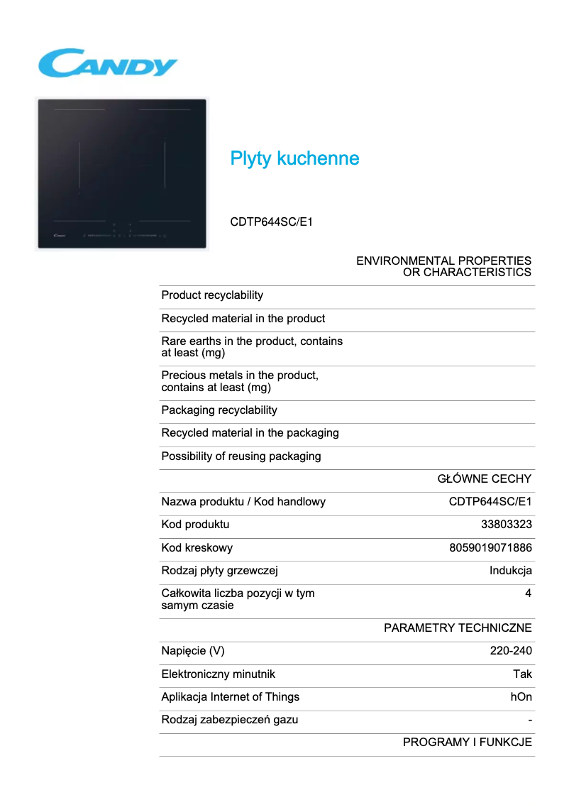 Page 1 de la notice Fiche technique Candy CDTP644SC/E1