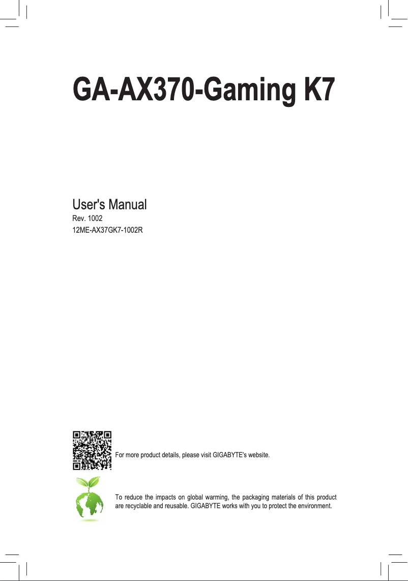 Page 1 de la notice Manuel utilisateur Gigabyte GA-AX370-Gaming K7