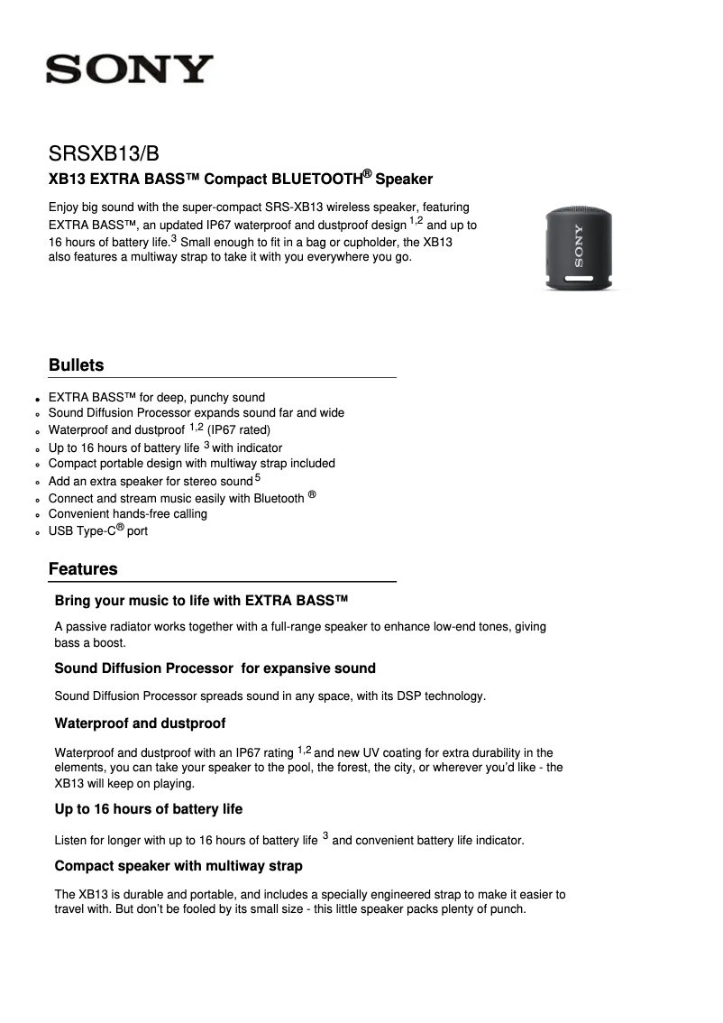 Image de la première page du manuel de l'appareil SRS-XB13