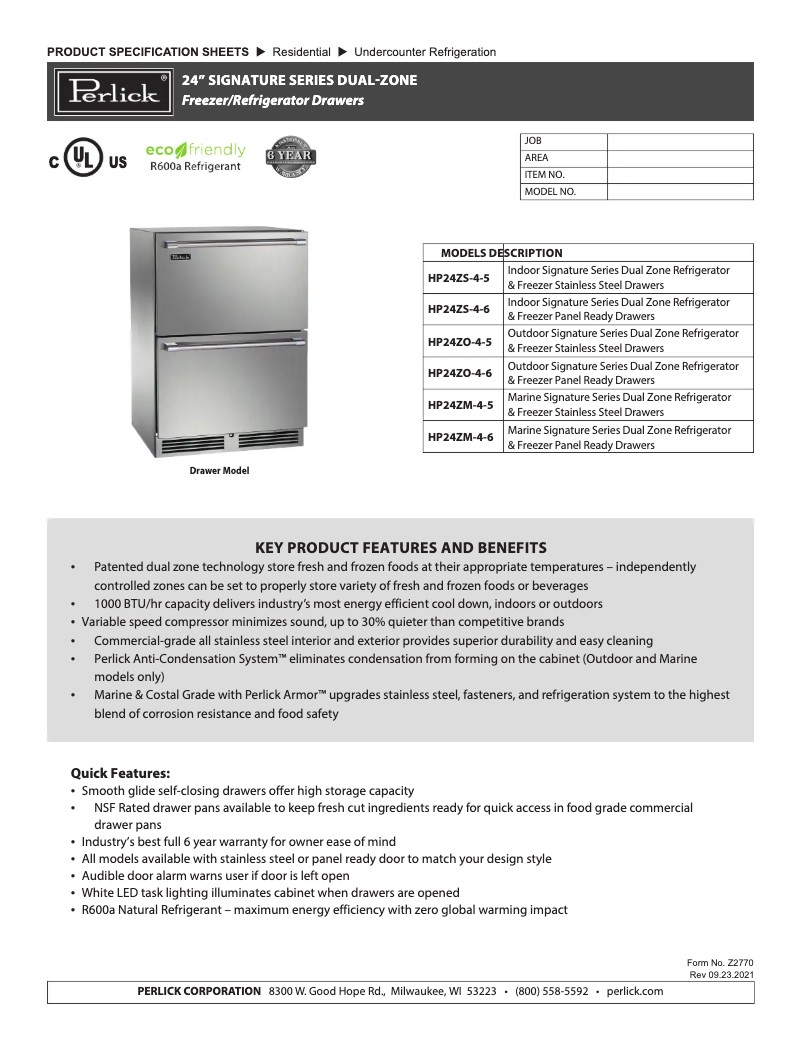 Página 1 del manual Ficha técnica Perlick HP24ZS-4-6