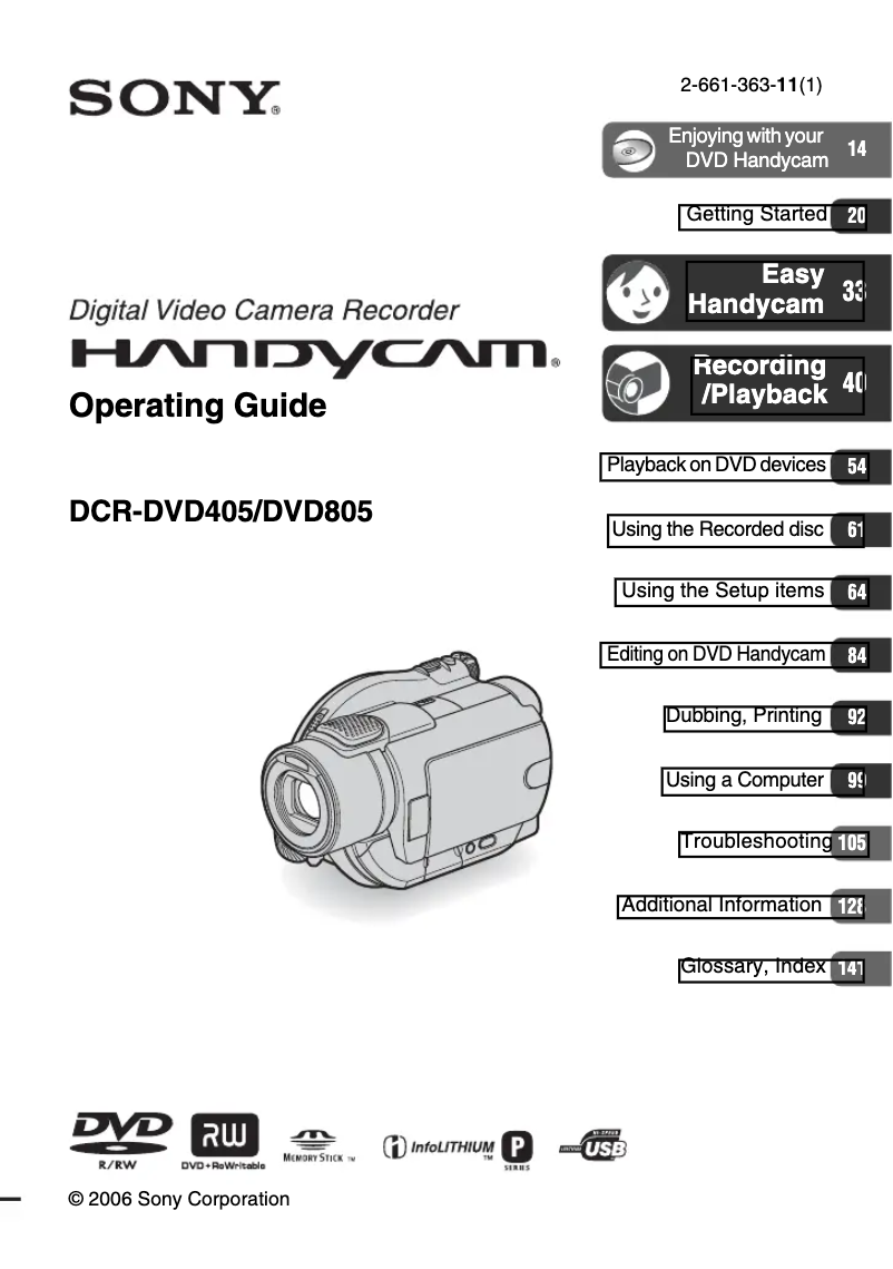 Image de la première page du manuel de l'appareil Handycam DCR-DVD405