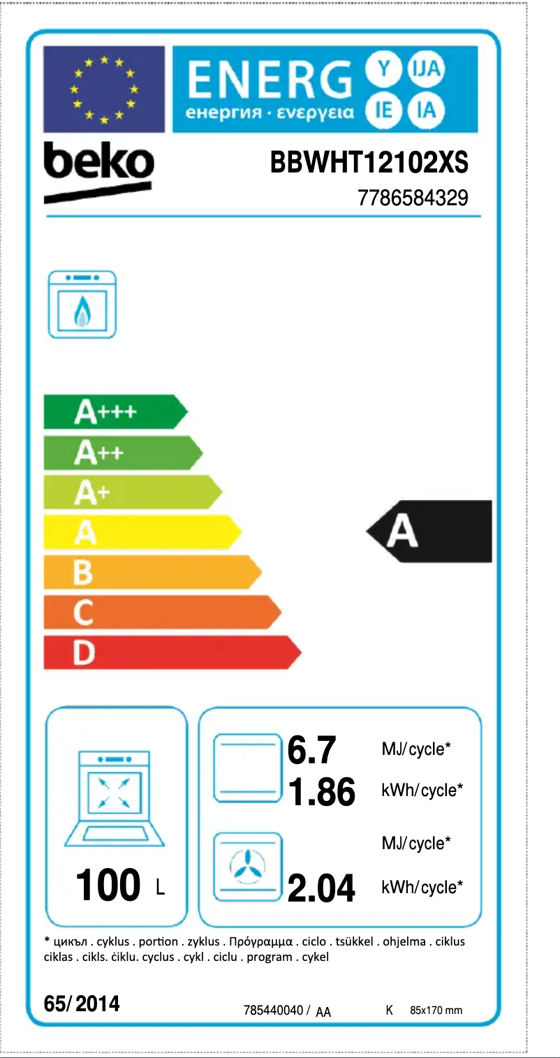 Page 1 de la notice Label énergétique Beko BBWHT12102XS