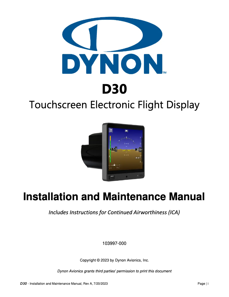 Page 1 de la notice Manuel utilisateur Dynon Avionics D30