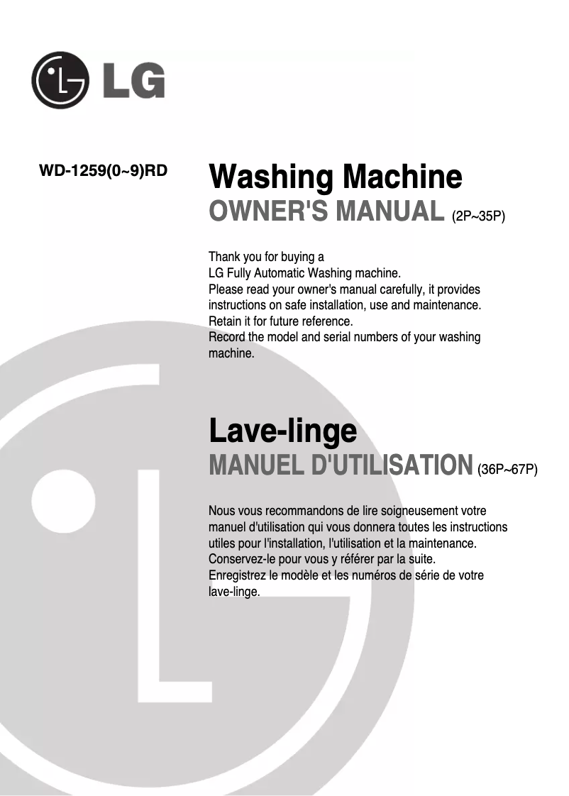 Page 1 de la notice Manuel utilisateur LG WD-12590RD