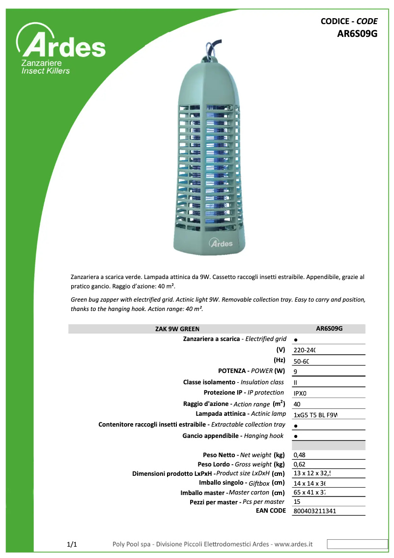 Page 1 de la notice Fiche technique Ardes AR6S09G