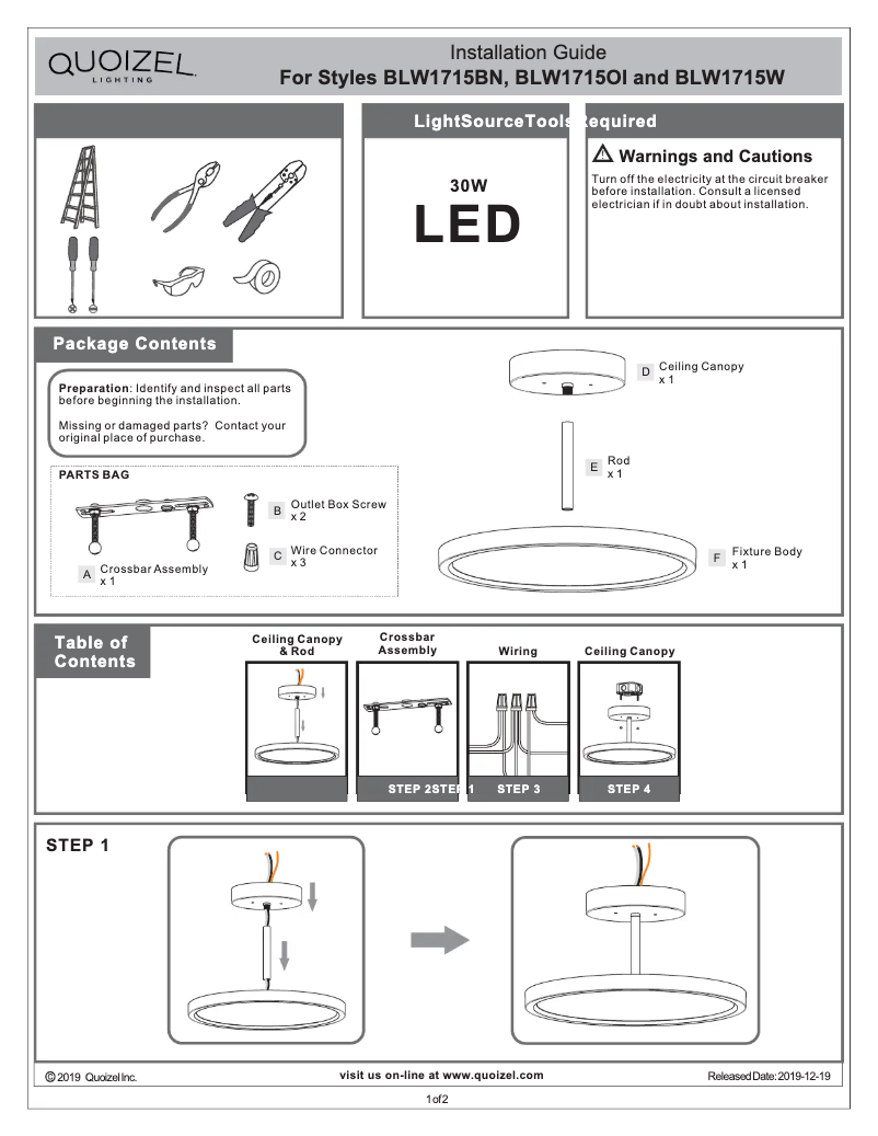 Page 1 de la notice Manuel utilisateur Quoizel Beltway BLW1715BN