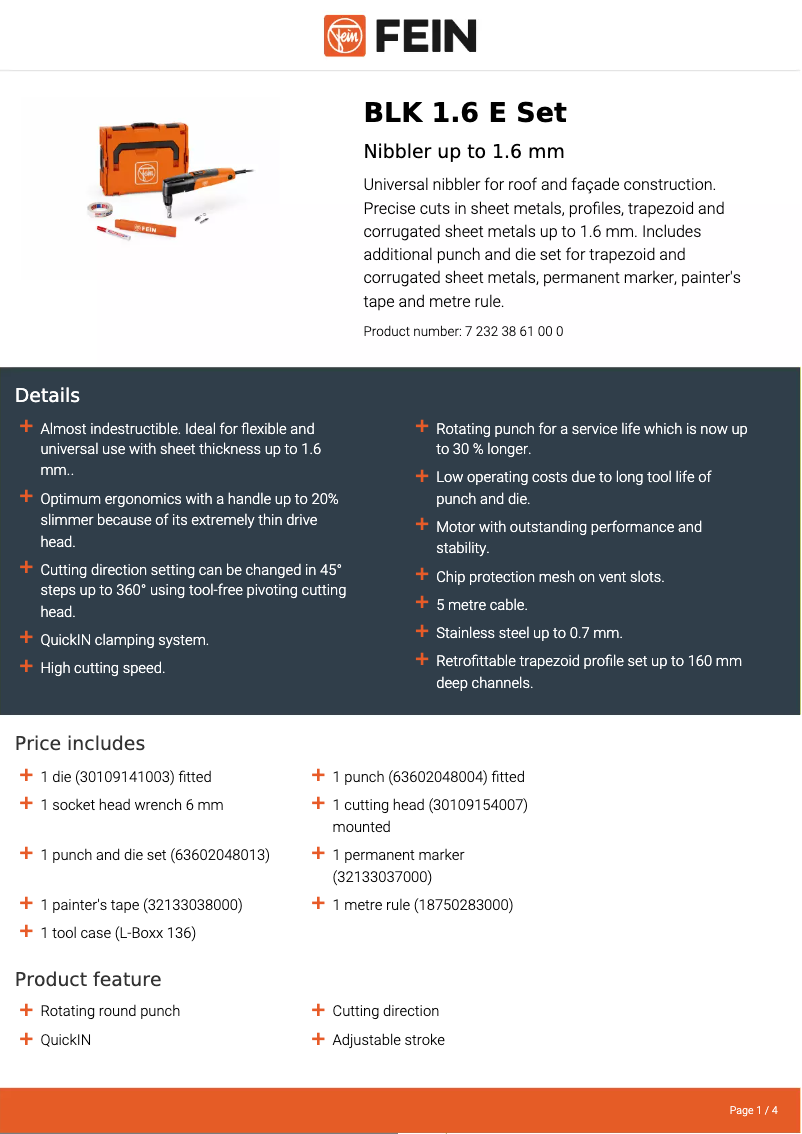 Página 1 del manual Ficha técnica Fein BLK 1.6 E