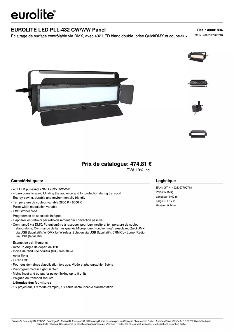 Page 1 de la notice Fiche technique Eurolite LED PLL-432