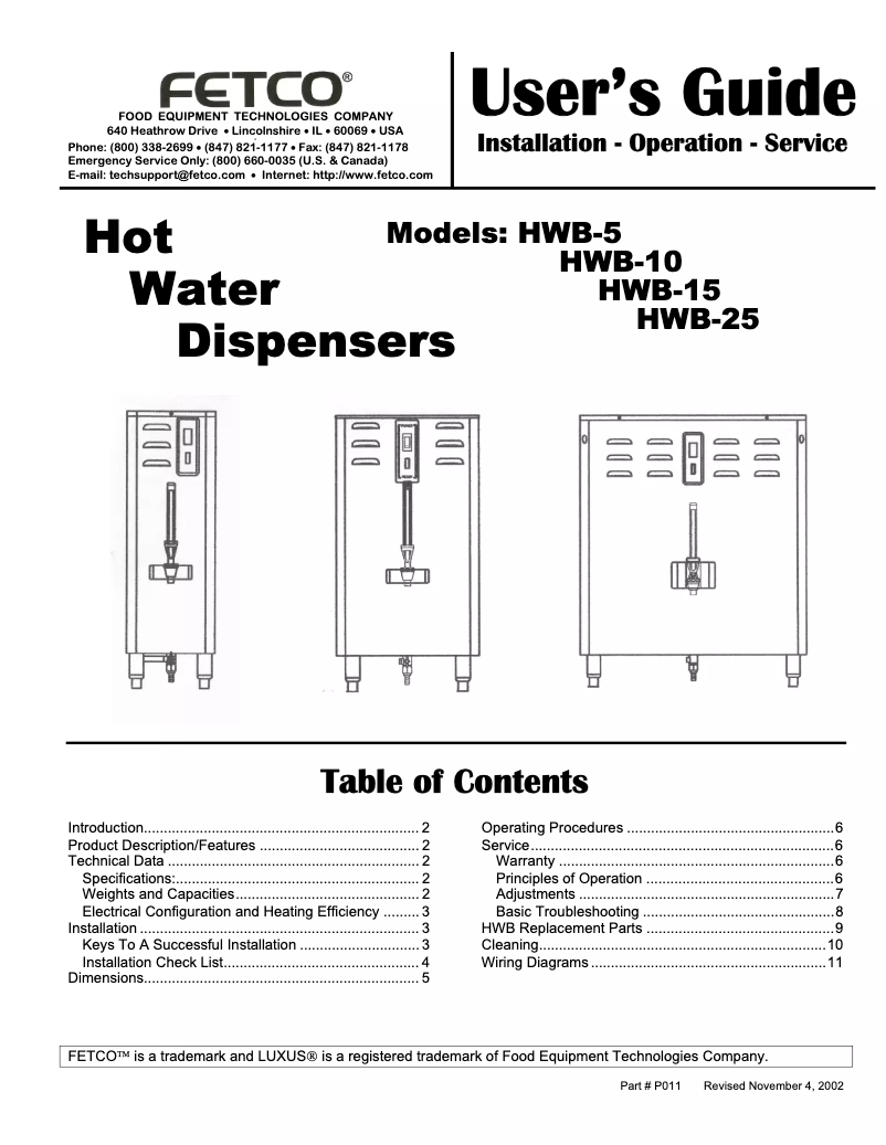 Page n°1 - Manuel utilisateur Fetco HWB-25