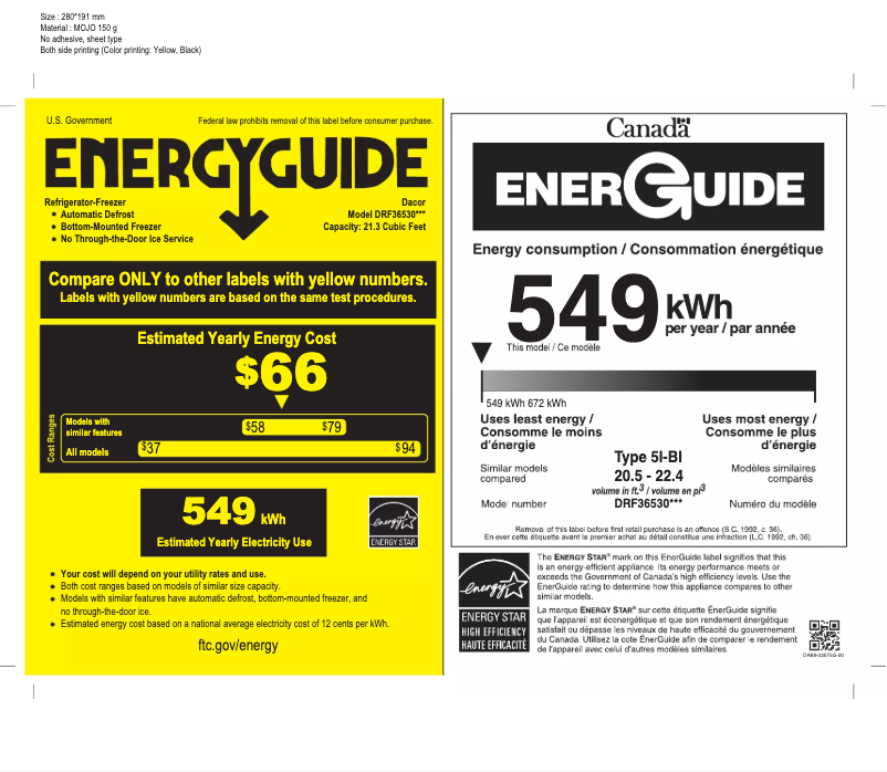 Page n°1 - Label énergétique Dacor DRF365300AP