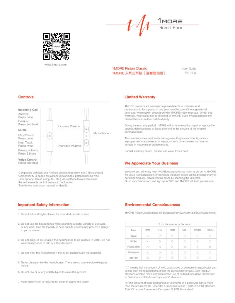 Page 1 de la notice Manuel utilisateur 1More Piston Classic