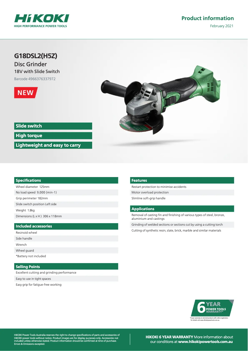 Page 1 de la notice Fiche technique HiKOKI G18DSL2