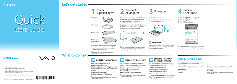 Page 1 de la notice Guide d'installation Sony VPCX111KD