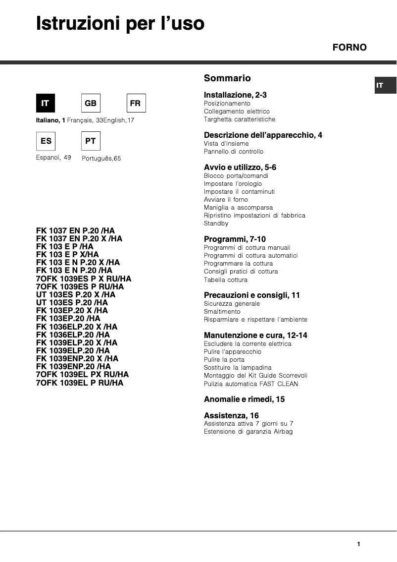 Page n°1 - Manuel utilisateur Hotpoint Ariston FK 1039EL P.20 X/HA