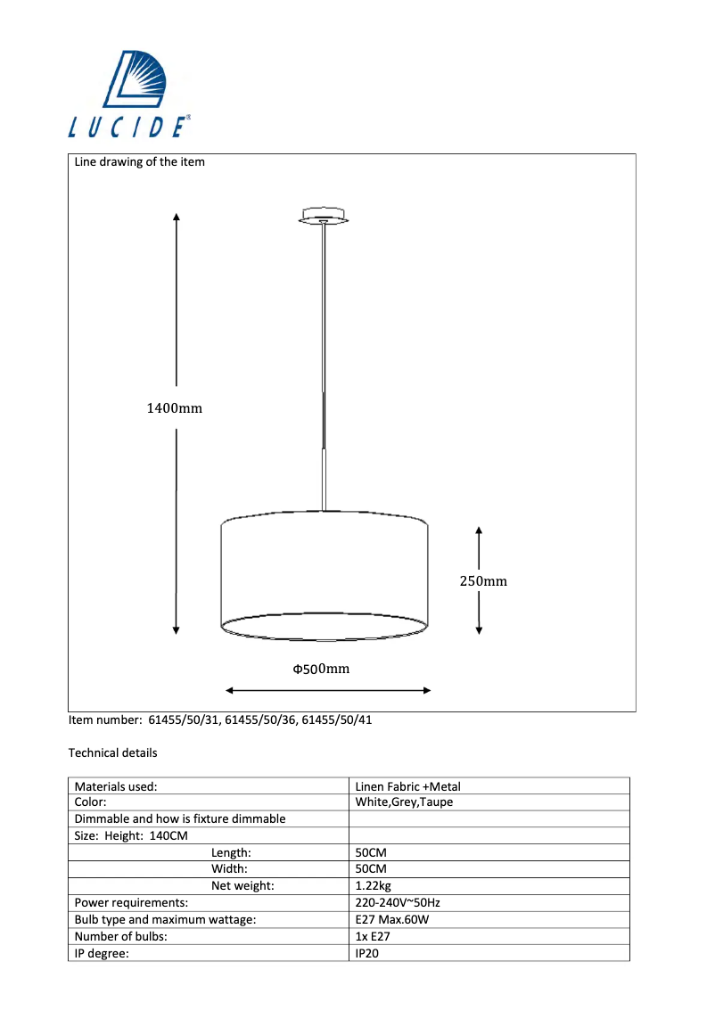 Page 1 de la notice Manuel utilisateur Lucide Cliff 61455/50/36