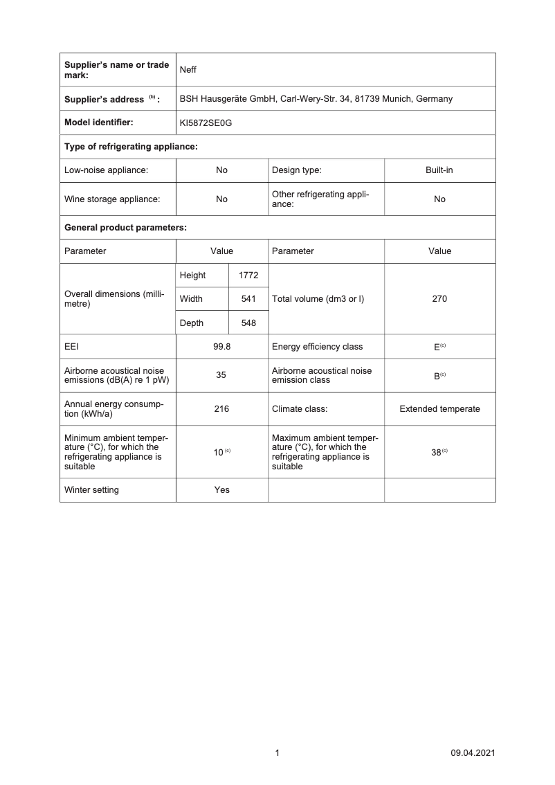 Page 1 de la notice Fiche technique Neff KI5872SE0G