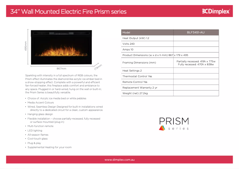 Page 1 de la notice Fiche technique Dimplex Prism BLF3451-AU