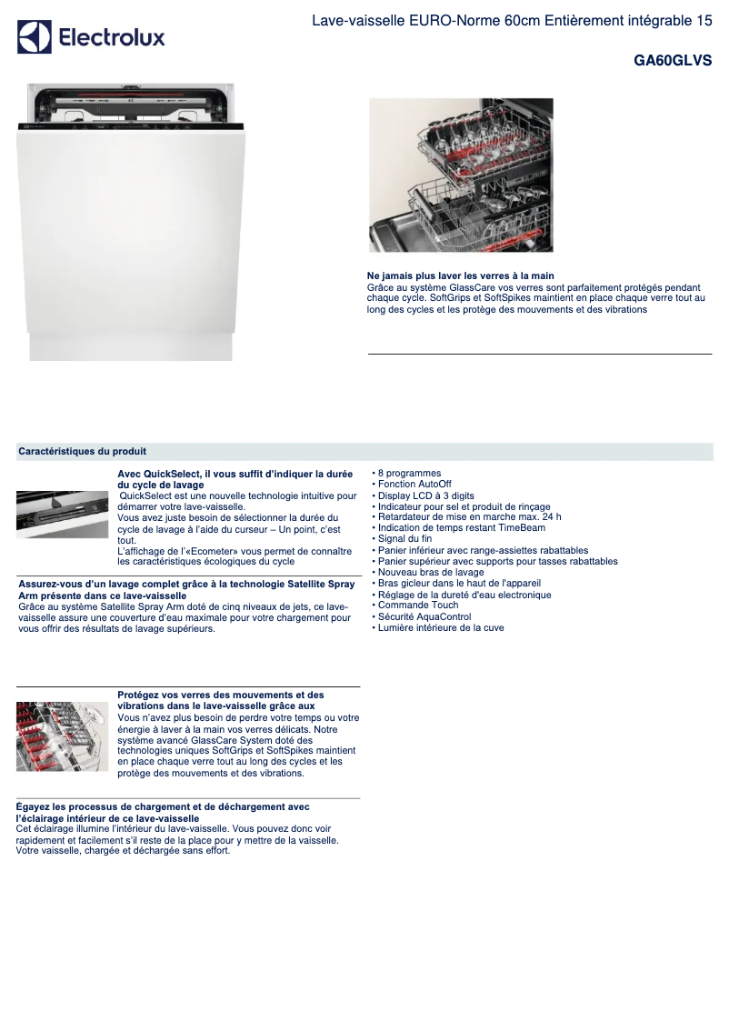 Page 1 de la notice Fiche technique Electrolux GA60GLVS