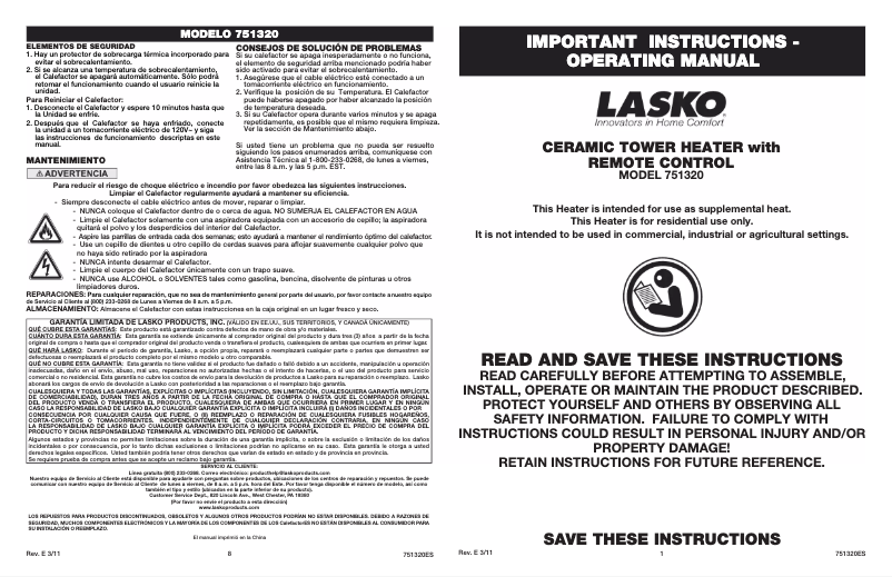 Page 1 de la notice Manuel utilisateur Lasko 9554