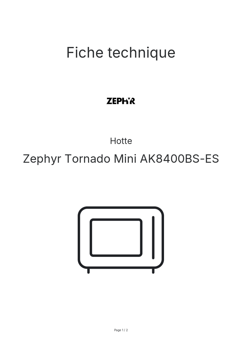 Page n°1 - Fiche technique Zephyr Tornado Mini AK8400BS-ES