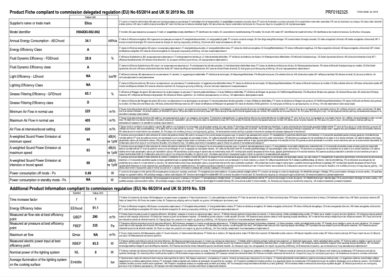 Page 1 de la notice Fiche technique Elica NikolaTesla Prime S+ PRF0182325