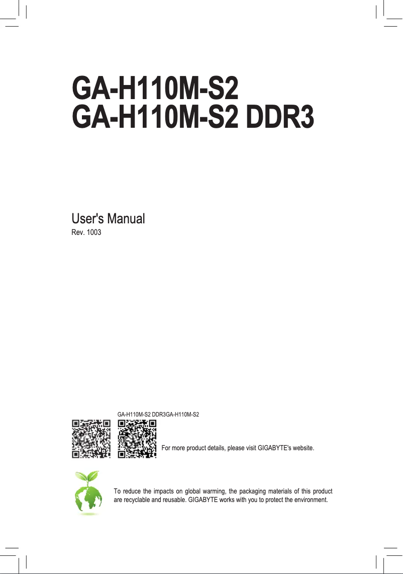 Page 1 de la notice Manuel utilisateur Gigabyte GA-H110M-S2 DDR3