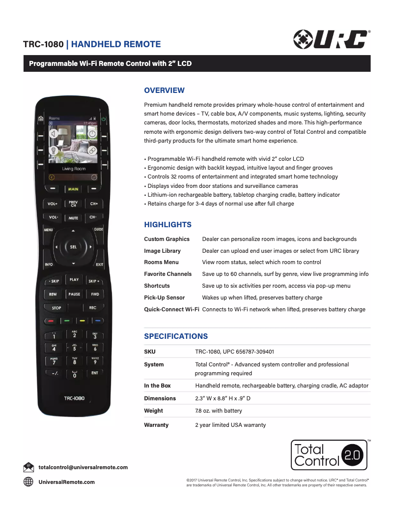 Page 1 de la notice Fiche technique Universal Remote Control TRC-1080