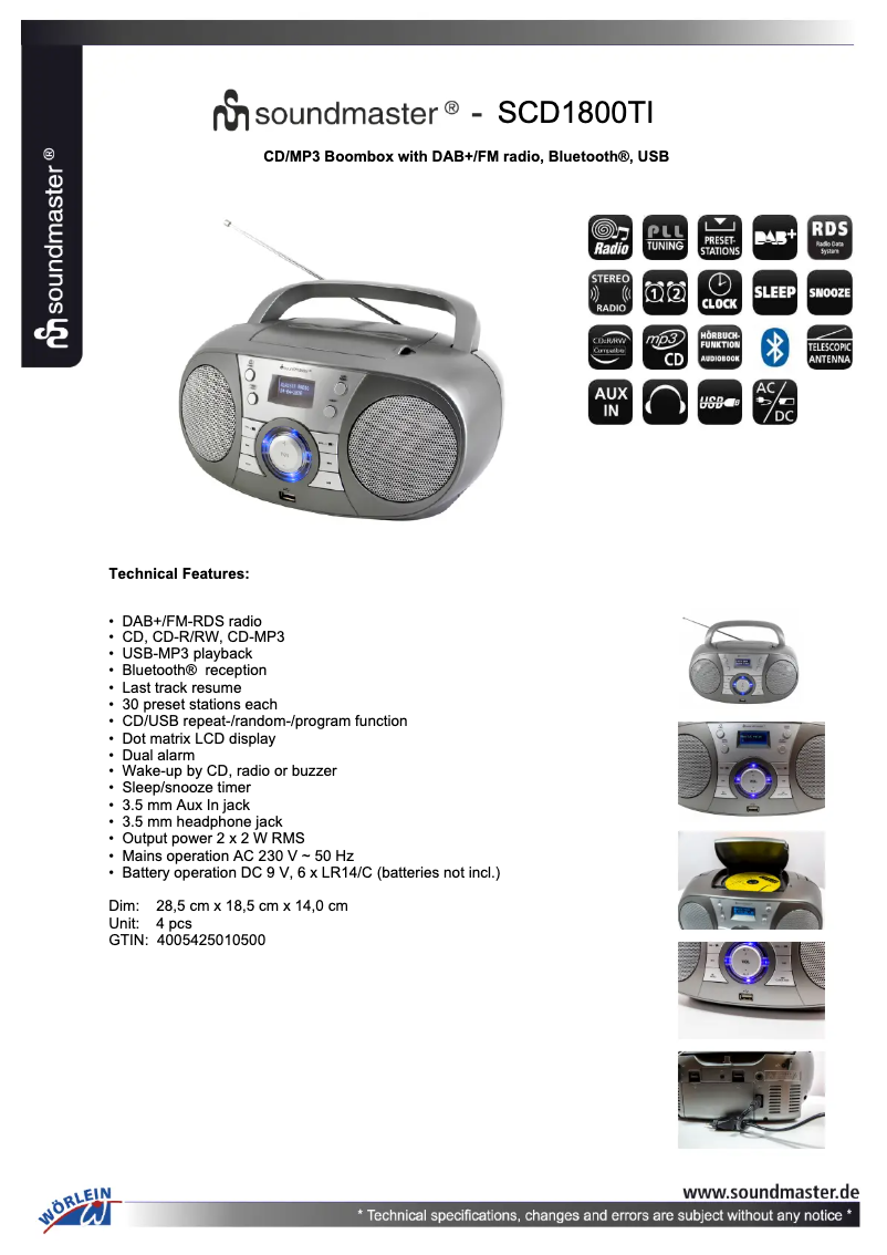 Page 1 de la notice Fiche technique Soundmaster SCD1800