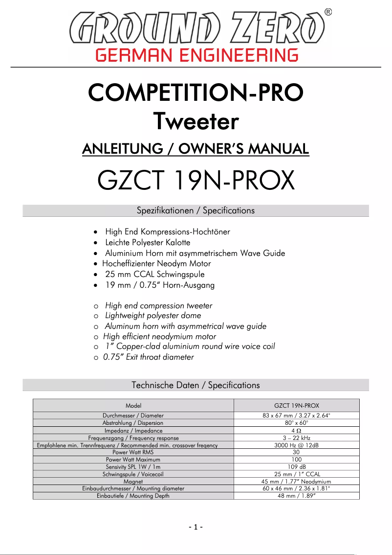 Page 1 of the manual User Manual Ground Zero GZCT 19N-PROX