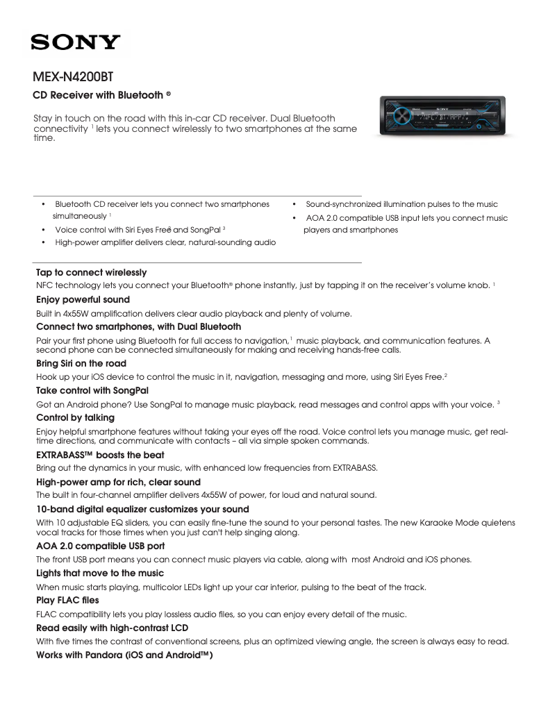 Page 1 de la notice Fiche technique Sony MEX-N4200BT
