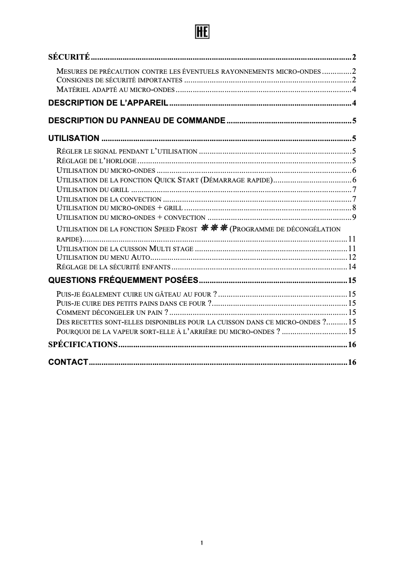 Page 1 de la notice Manuel utilisateur Holland Electro MW12HCSS