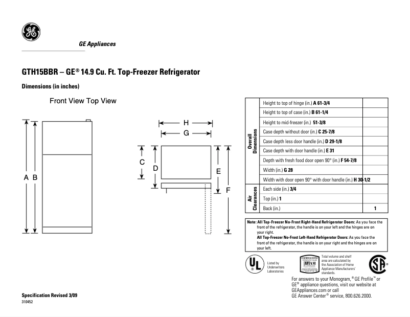 Página 1 del manual Ficha técnica GE GTH15BBRRCC