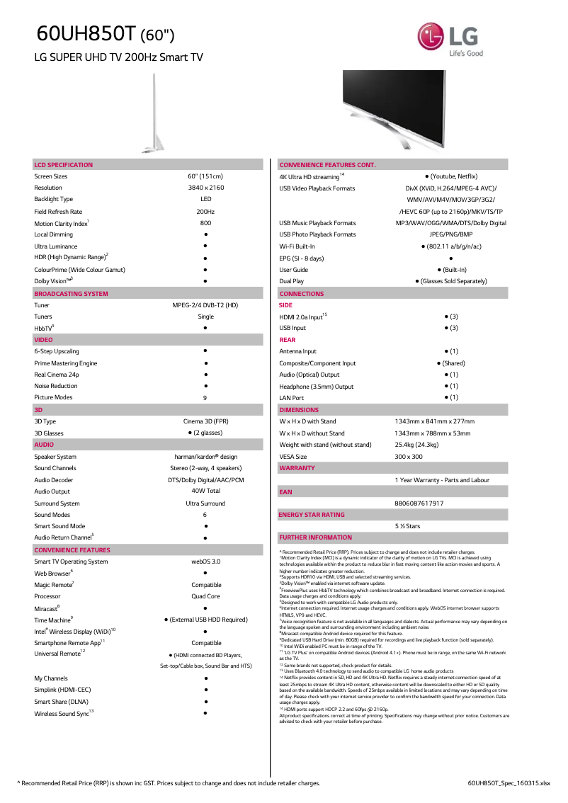 Page n°1 - Fiche technique LG 60UH850T