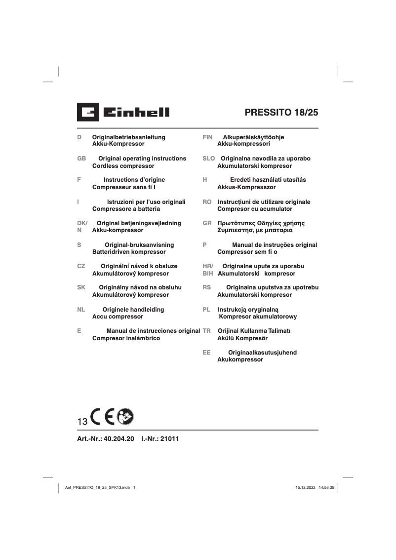 Page 1 de la notice Manuel utilisateur Einhell PRESSITO 18/25