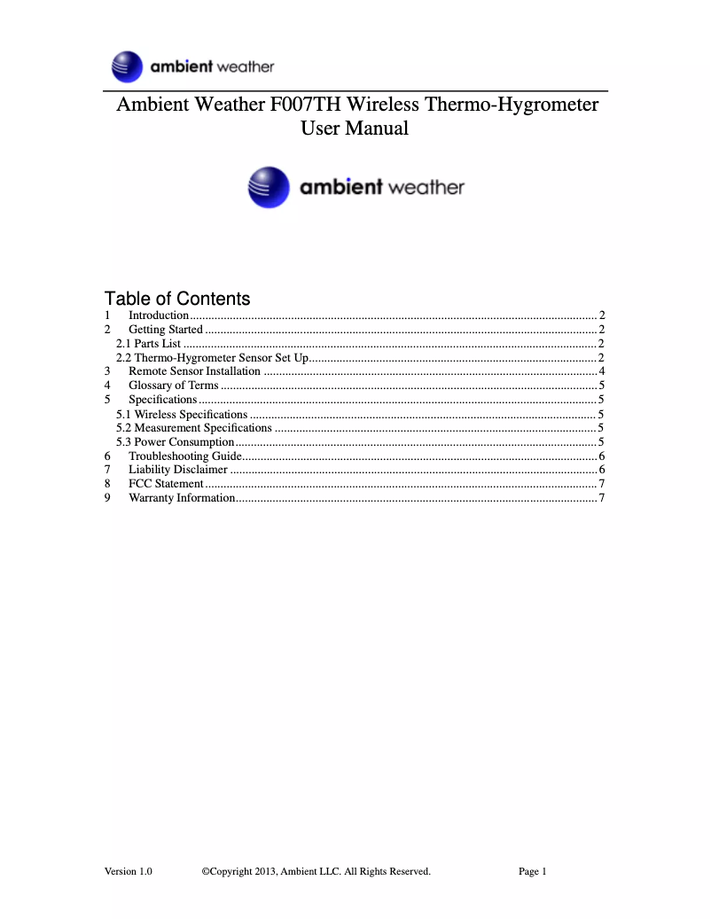 Page n°1 - Manuel utilisateur Ambient Weather F007TH