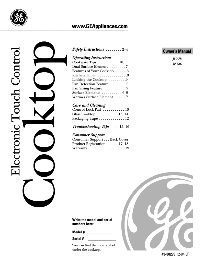 Page 1 of the manual Instruction Manual GE JP980SKSS