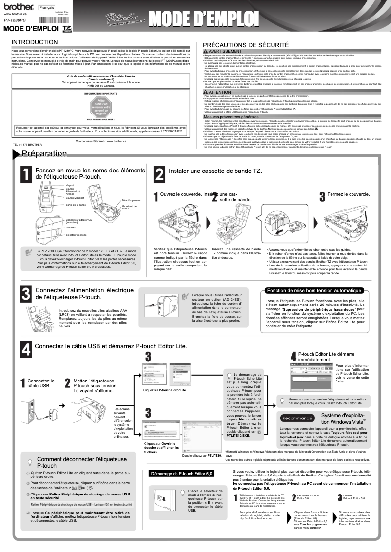 Page 1 de la notice Manuel utilisateur Brother PT-1230PC